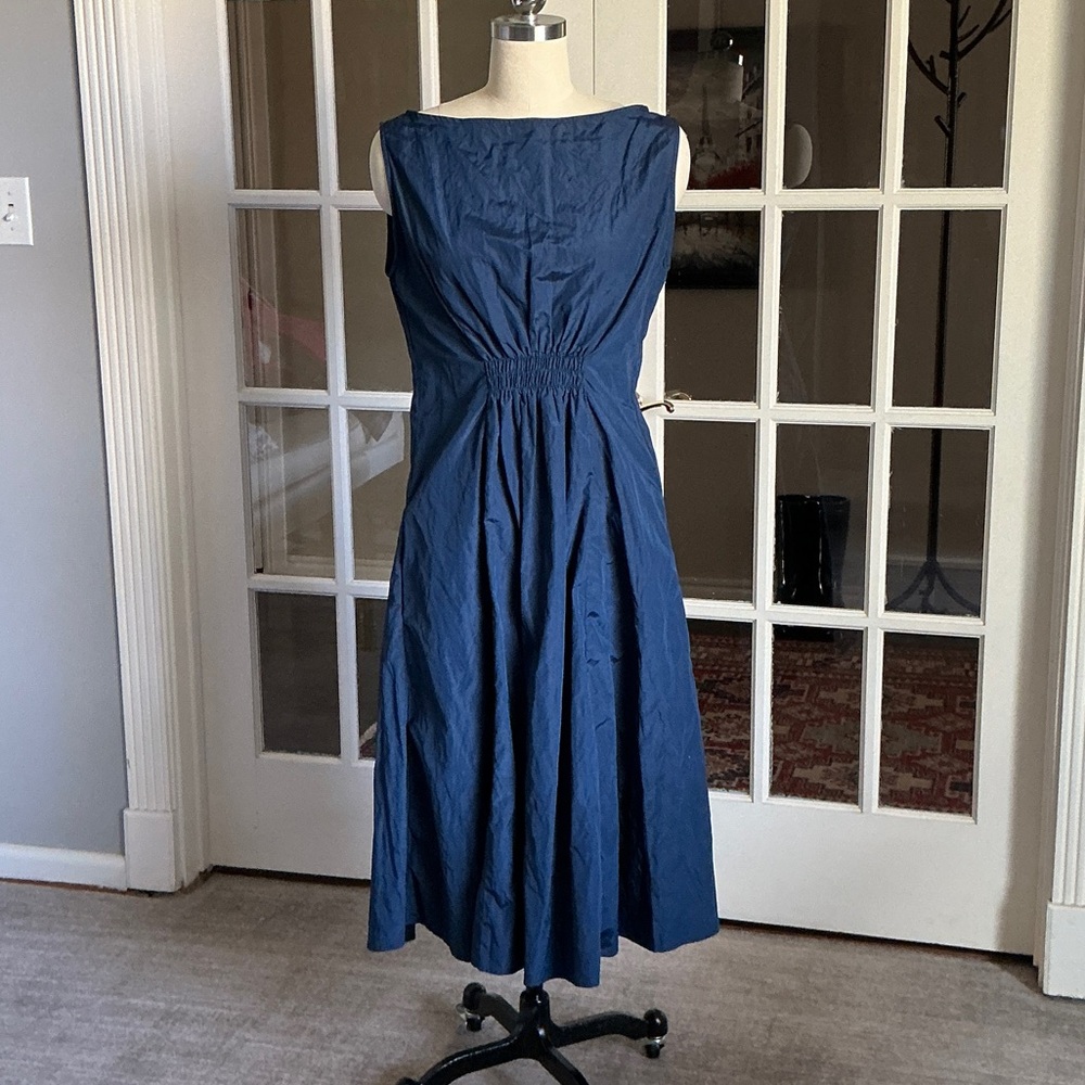 Sleeveless Navy Midi Dress with Gathered Waist